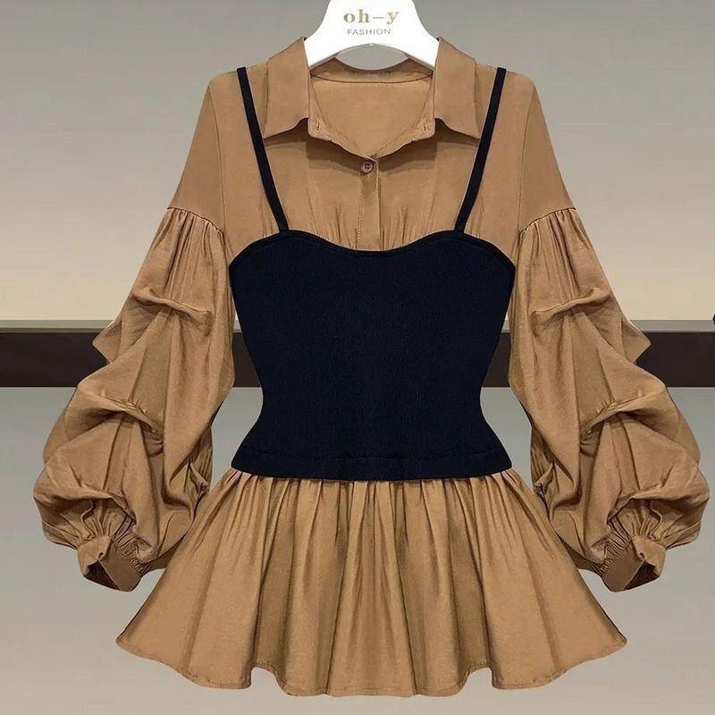 Plus Size Slimming Spliced Two-Piece Look Shirt for Women - Spring & Autumn