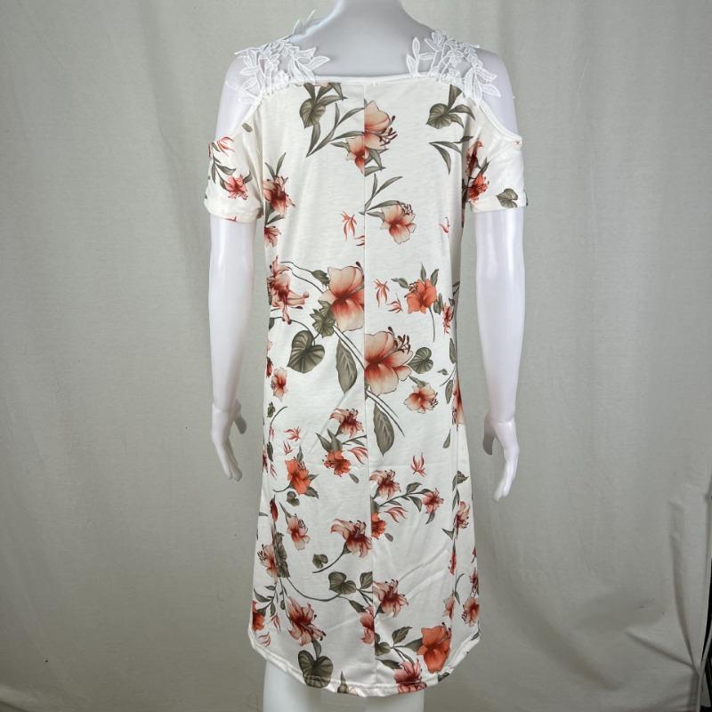 Vestido de Verano con Hombros Descubiertos de Encaje y Manga Corta Nuevo Estampado Holgado Casual Vestidos de Fiesta Moda Femenina Elegante Línea A Talla Grande Ropa Dulce