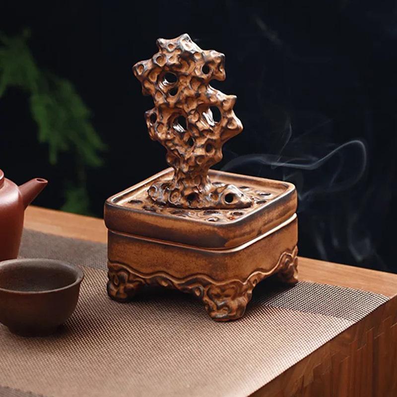Taihu Stone Ceramic Incense Burner Zen Antique Style for Coil and Stick Incense Home Meditation Decor Aromatherapy Gift