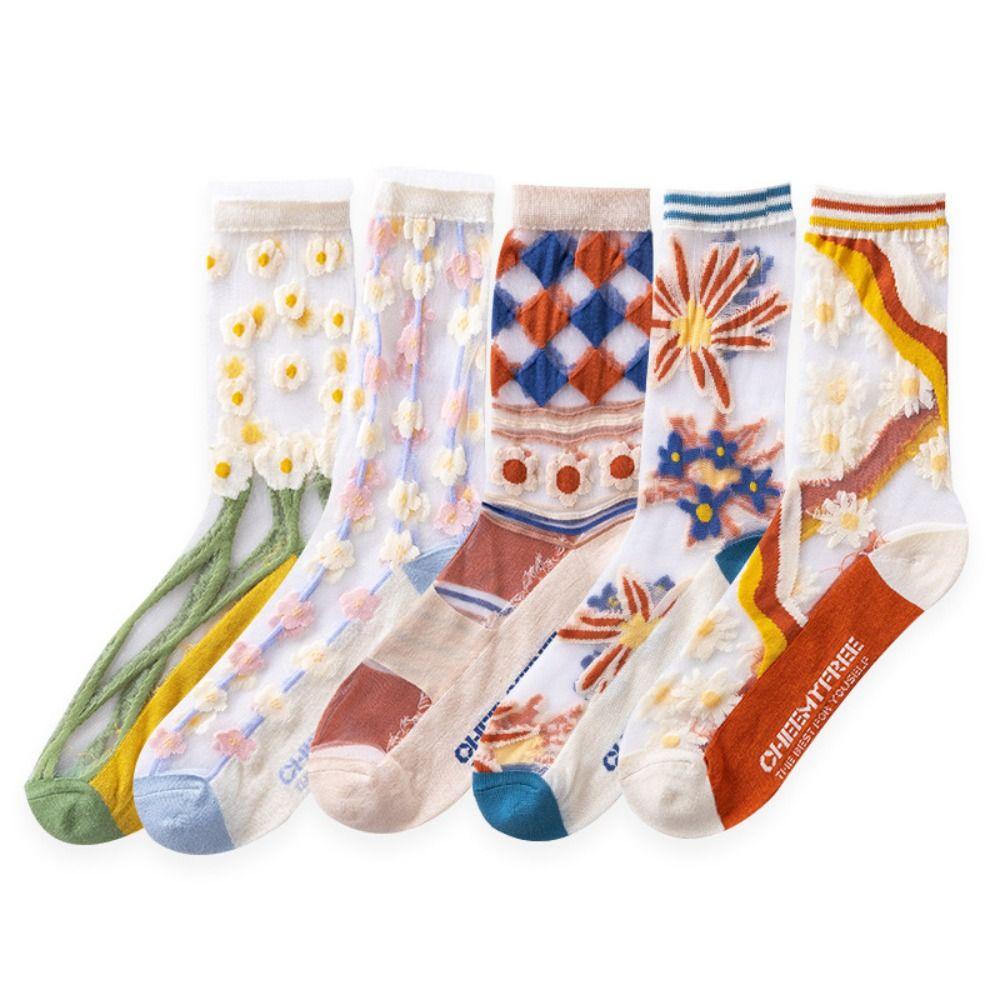 5Pairs Glass Silk Tulle Mid Tube Socks Mesh Sweet Socks Women Soft Transparent Flower Socks  Girl