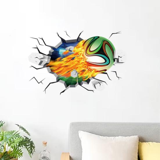 3D Soccer Wall Stickers, Self-Adhesive Soccer Ball Wallpaper Poster, Sports Ball Breakthrough Wall Decals for Boys Bedroom Playroom