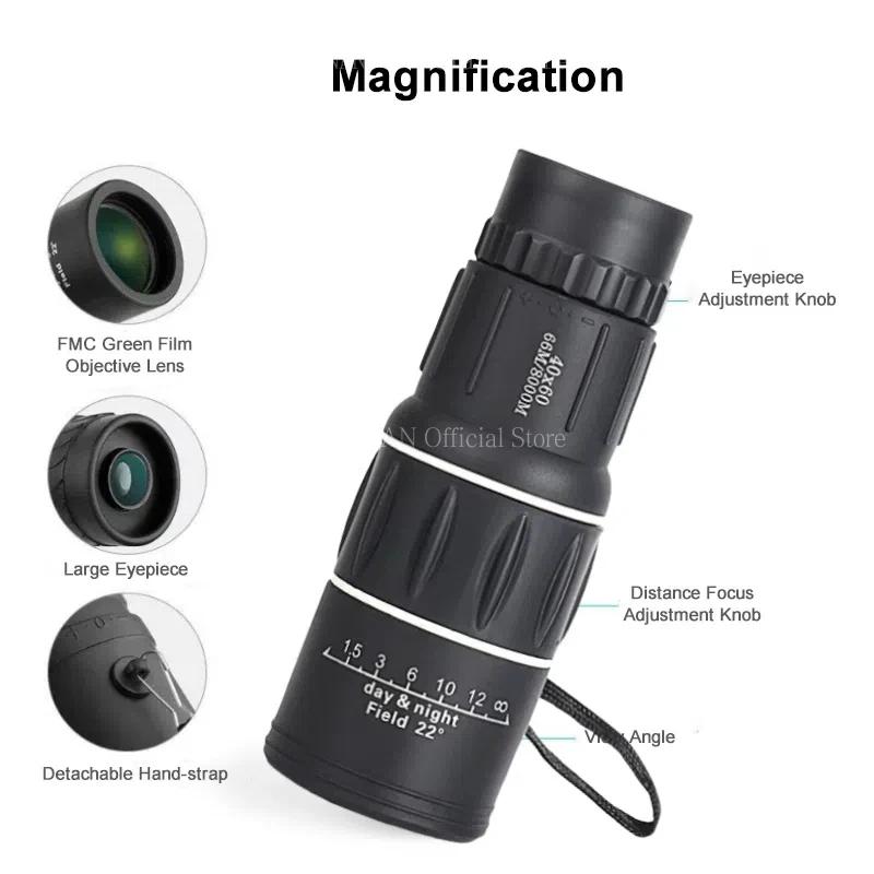 40x60 Outdoor Portable High Definition Green Film Monocular Telescope HD Scope Low Light Hiking Concert Photography Telescope