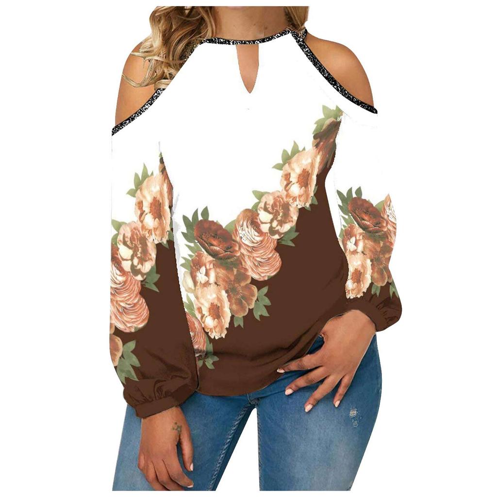 Women's Fashion Casual Temperament Flower Round Neck Off-shoulder Matching Color Long Sleeve T-shirt Top