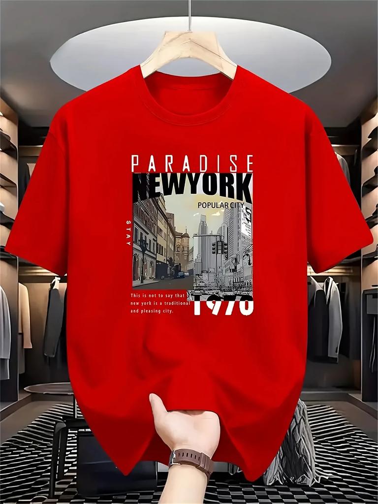 Men's Summer 100% Cotton Fashion Sports Leisure Loose Paradise Letter Pattern Printed Round Neck Short Sleeve T-shirt Top