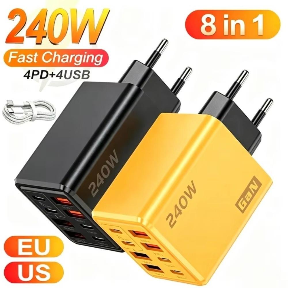 4USB+4PD 240W GaN Charger Plug 8 Ports USB C Charger for Huawei/Xiaomi/Samsung