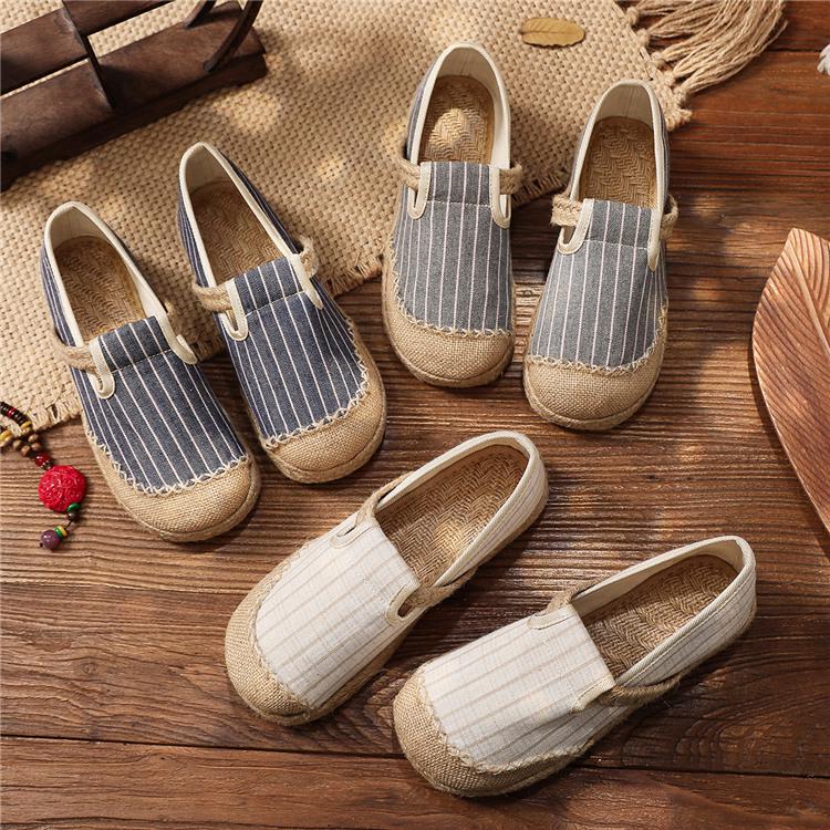 2025 Women’s Trendy Slip-On Shoes: Spring & Fall Vertical Stripe Cotton-Linen, College Style, Round Toe Hemp Design