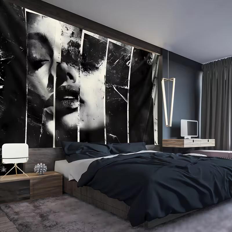 2D Dark Grunge Art Tapestry Black and White Woman Face Wall Hanging