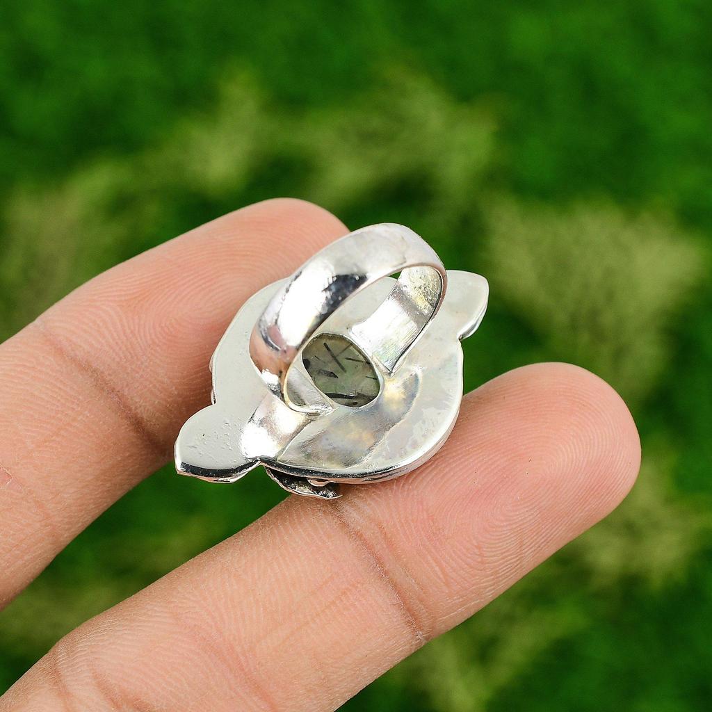 Natural Black Rutile Gemstone 925 Silver Promise Flower Ring Size 7 For Women