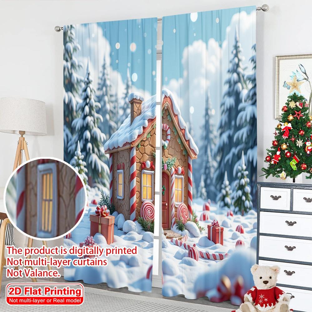 2pcs 2D Flat Printing Christmas Scene Curtain Gingerbread House Candy Winter Wonderland Polyester Fabric Without Electricity