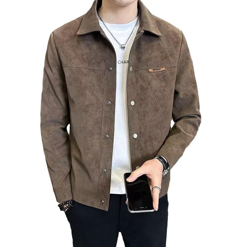 Men's High-End Punk Suede Jacket with Turn-Down Collar - Spring/Autumn 2024 Trend