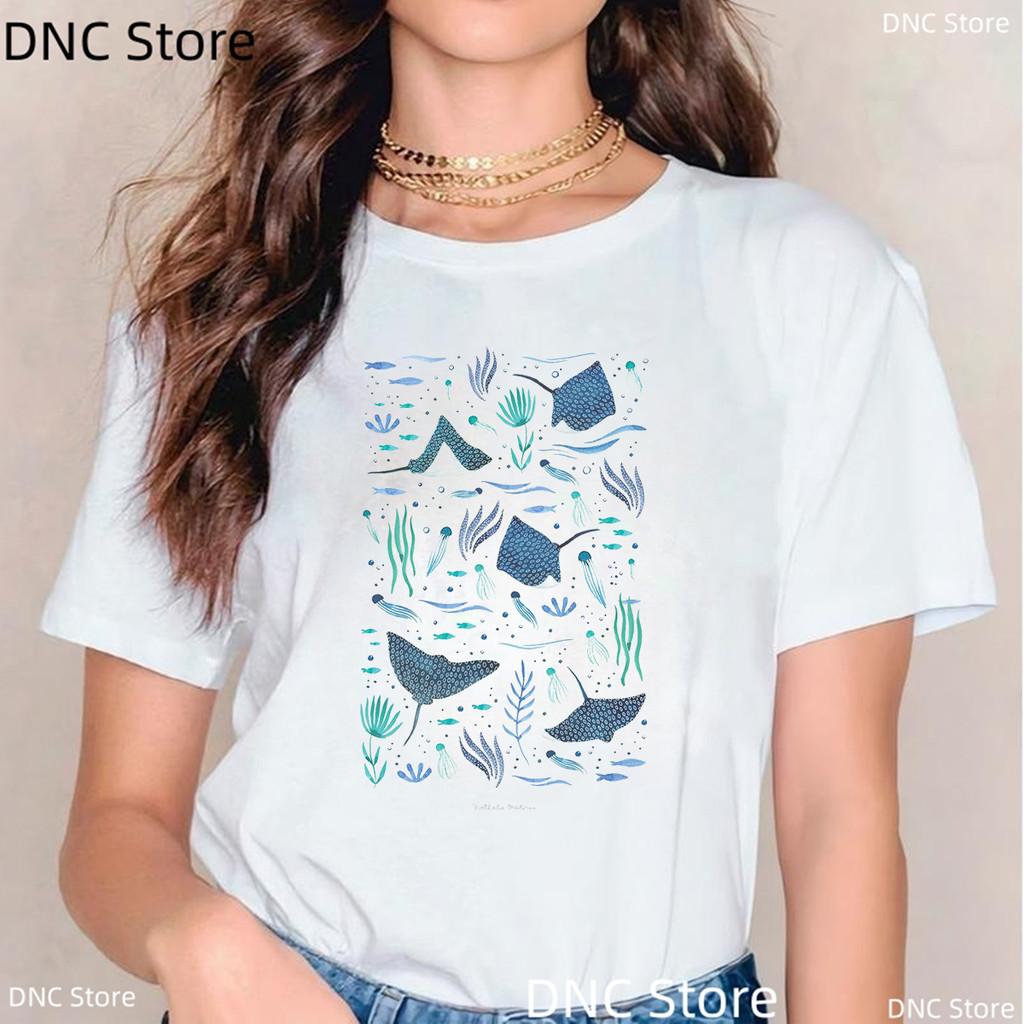New Women Shark T Shirt Watercolor Shark Shirts,Manta Ray, Marine Creatures, Whale Print Tshirt,Summer Beach Vacation Tshirt Top