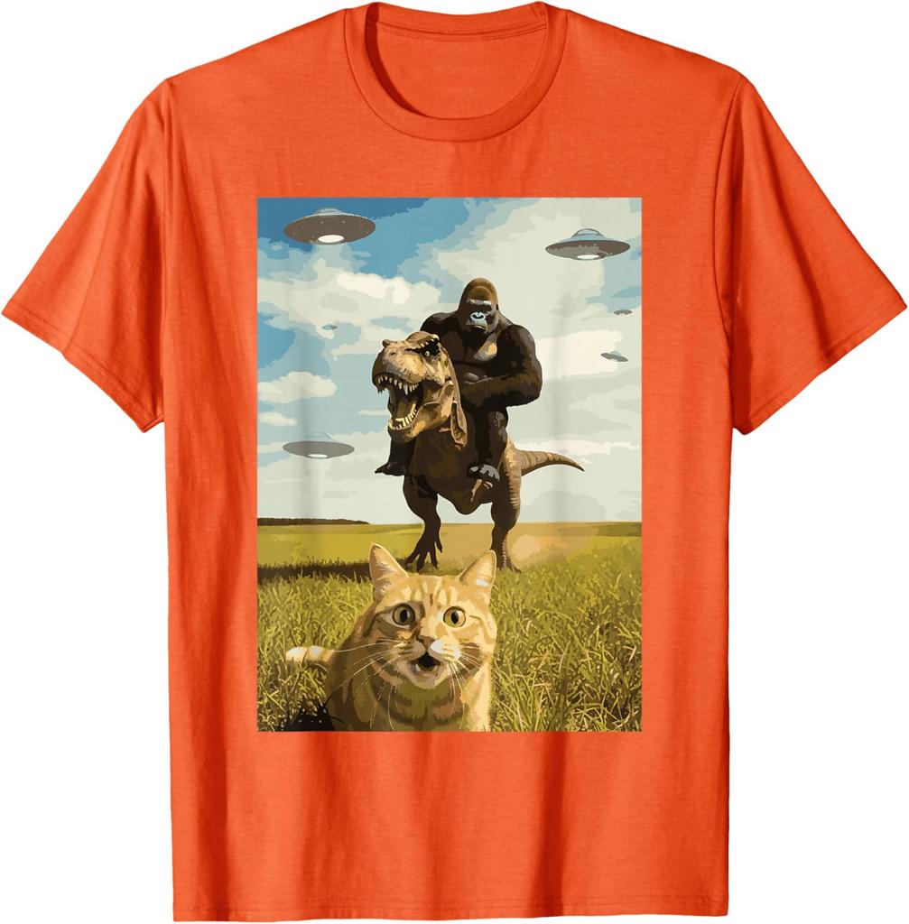 Gorilla Riding T Rex with Cat UFO Meme Graphic Tee Funny Casual Crewneck TShirt for Men
