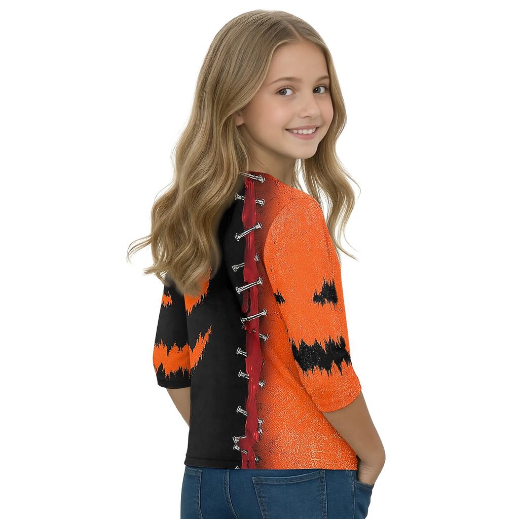 Girls Halloween Pumpkin Witch Print Long Sleeve Neck Casual Tee