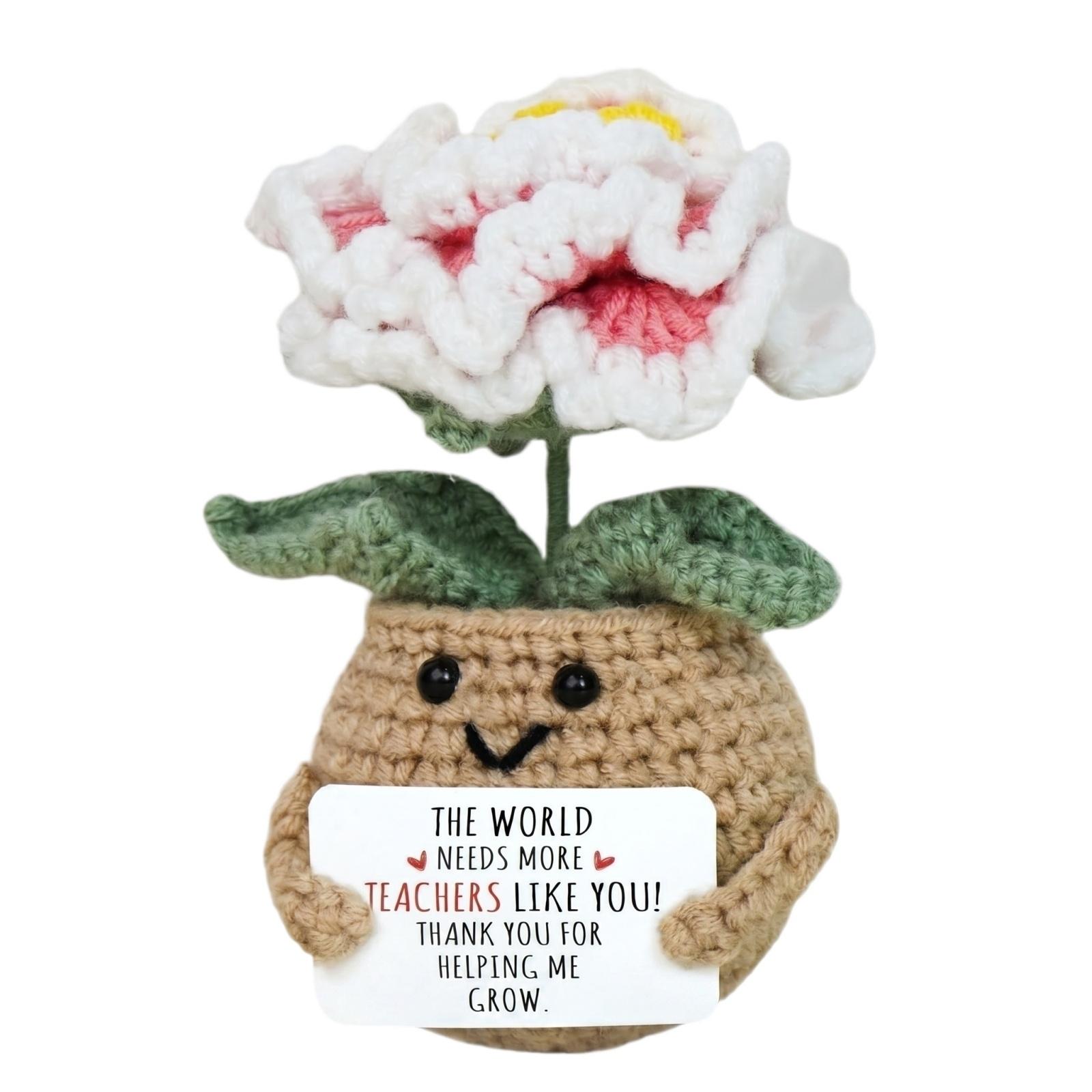 

Handmade Knitted Artificial Flower Pot with Crochet Design Yarn Craft Decorative Potted Plant Indoor Tabletop Ornament One Size