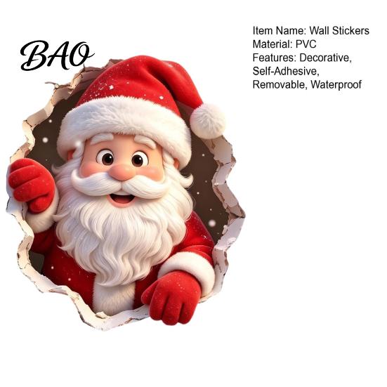 Holiday Wall Stickers for Cabinets 3D Christmas Santa Claus Stickers, Self Adhesive PVC Decals with Realistic Breaking Festive Murals Bedroom Effect,