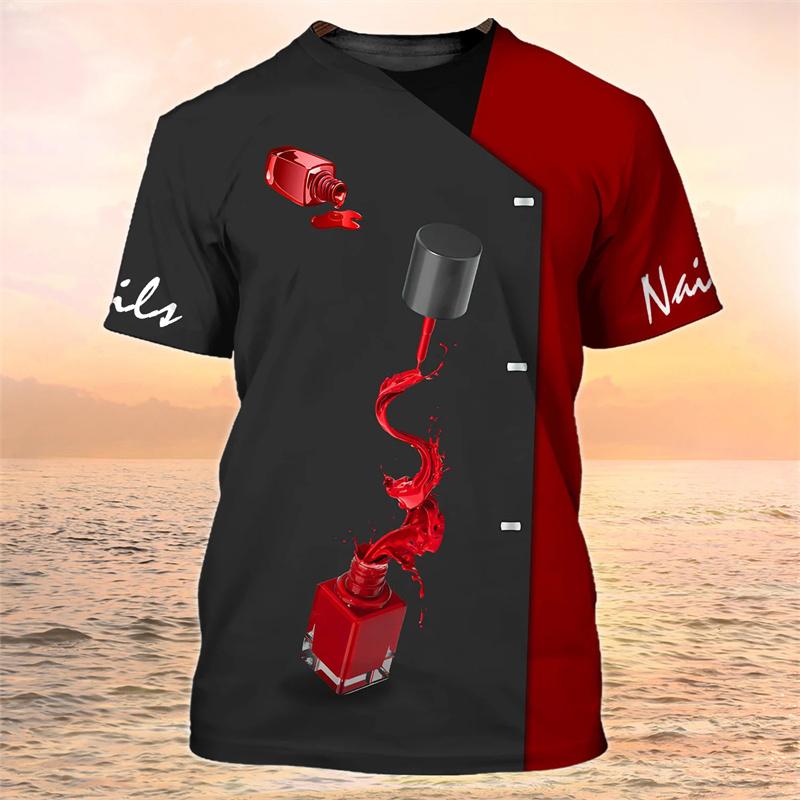 T-Shirt mit Maniküre-Muster für Damen, Fingernagellack, 3D-Druck, lockere Oberteile, Uniformen, kurzärmelige T-Shirts mit O-Ausschnitt
