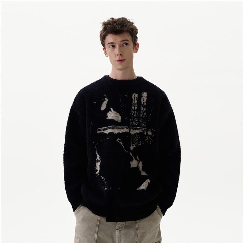 Unisex American Retro Jacquard Knit Sweater Cardigan - Loose, Round Neck for Autumn/Winter L