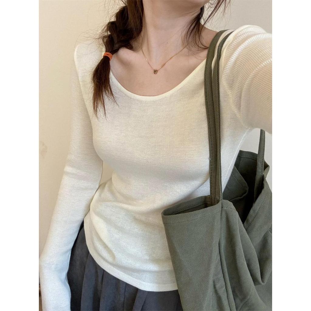 French Chic: Low Neck Knitted Tops for Women - 2025 Spring/Summer Long Sleeve Clavicle Sweater