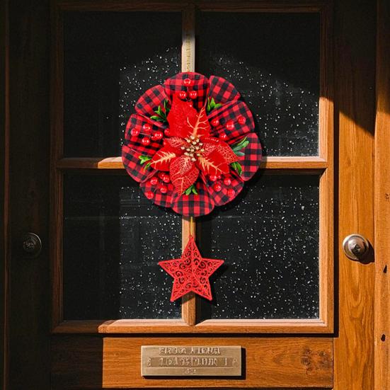 Christmas Wreath Decoration Red Artificial Poinsettias Buffalo Plaid Wreath with Star/Tree Ornament for Wall Window Porch Door Indoor Outdoor Decor