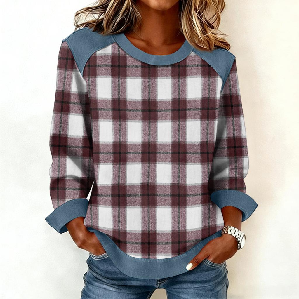 Damen Jeanskragen Patchwork Nähte Sweatshirt Lässig Pullover Langarmshirts