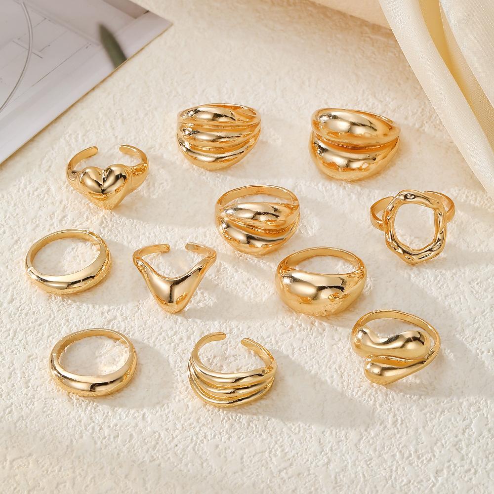 11Pcs/Set Gold Color Punk Irregular Geometric Open Rings Set For Women Hip Hop Metal Thick Knuckle Ring Waterproof Jewelry Gift