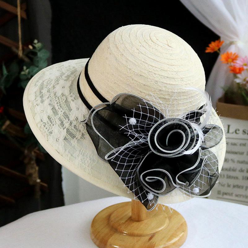 2024 New Fashion Elegant Breathable lace flower Church Hat For Women Foldable Wedding Party Hat Summer Beach Protection Sun Cap