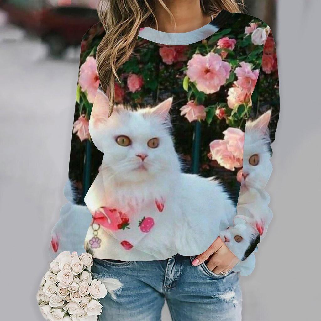 Cheap Abstract cat print women's Tshirt 3D printing long sleeve casual