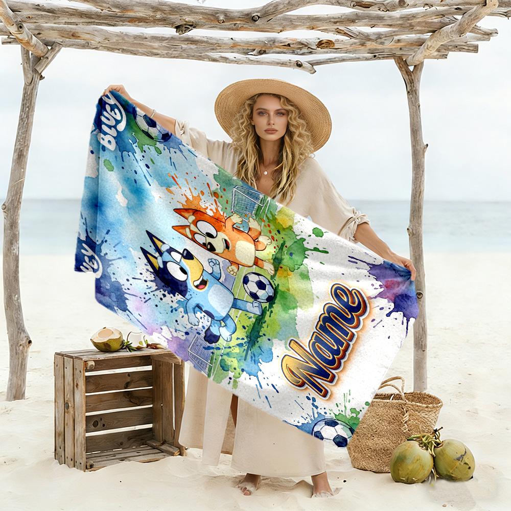 Bluey Soccer Fun Customized Name Beach Towel High Absorbency & Quick-Dry Portable for SwimmingBeachCamping Travel Beach AccessoriesGym