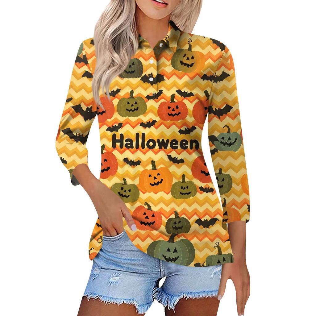 Dammode Casual Revers Kort 3/4 Ärm Halloween Tryck Skjorta Dambutton Up Toppar