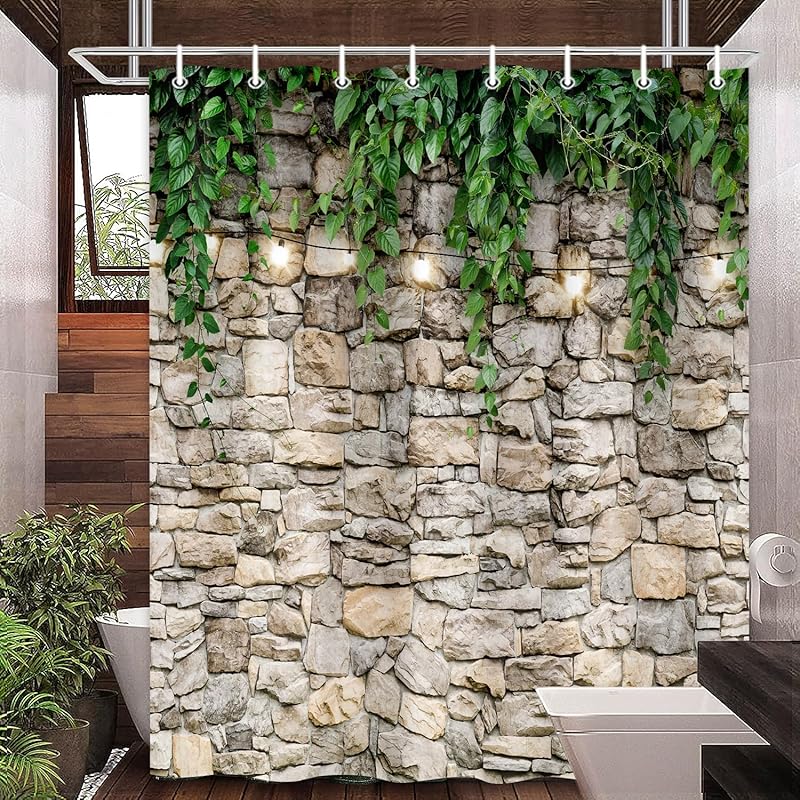 Stone Brick Wall Shower Curtain, Green Leaves Shower Curtain Set for Bathroom, Vintage 3D Vine with Lights Fabric Shower Curtain Restroom Bathtub