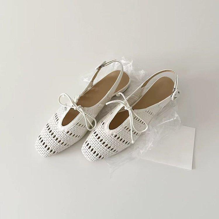 

Soft leather version~ French woven hollow bag head sandals one-word buckle with bow thick heel vacation Roman shoes women 40
