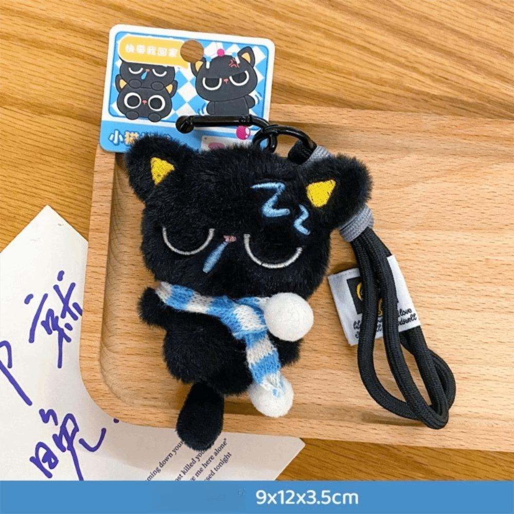 Sleepy Black Cat Plush Keychain Soft Car Key Ring New Bag Charms School Bag Decoration