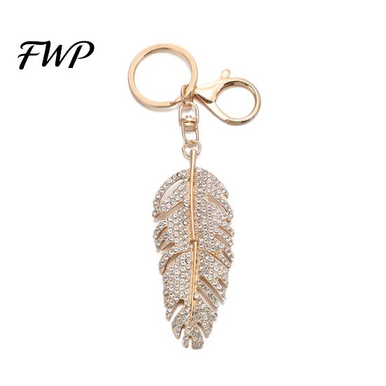 Rhinestones Inlay Keychain Pendant Inlaid Feather Shape Key Chain with Anti-Oxidation Lobster Clasp Backpack Bag Accessory Alloy
