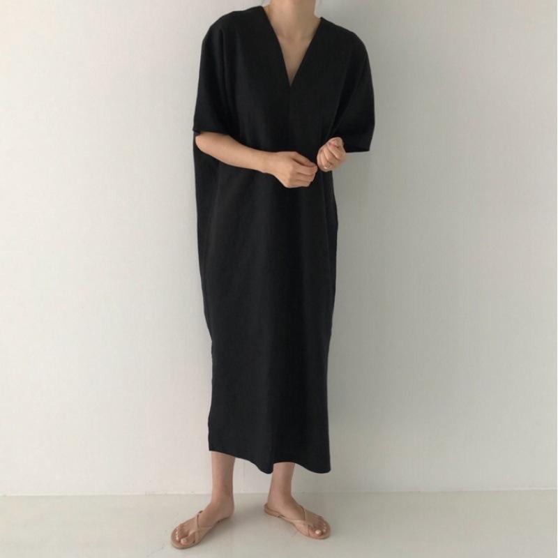 Minimalistické Retro Dlouhé Volné Ležérní Šaty s Dlouhým Krátkým Rukávem