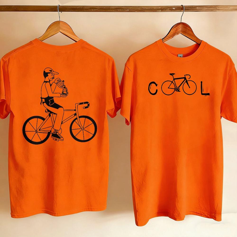 Couple Front Back Printed T Shirt Minimalist Cool Bicycle Word Front Unisex Riding Bike Holding Drink Line Art Casual Cycling Tees
