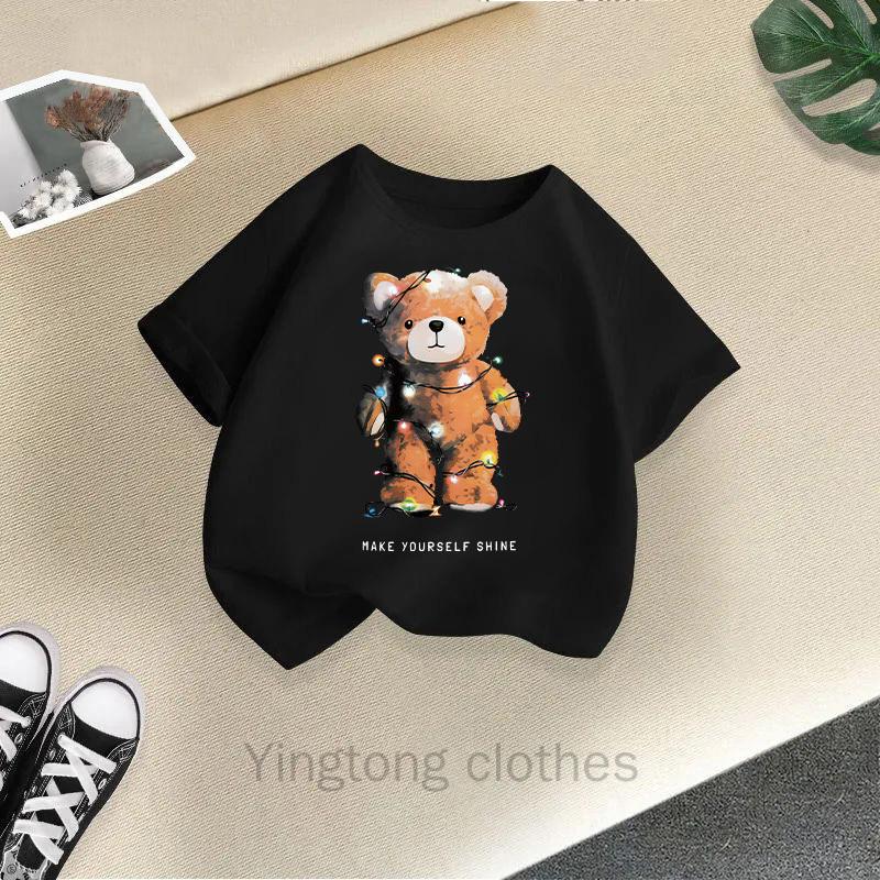 Summer Clothes for Boys and Girls, Short Sleeved T-shirts, Summer New Styles, Teddy Bear Printed Girls' Tops, Children's Clothing Trend