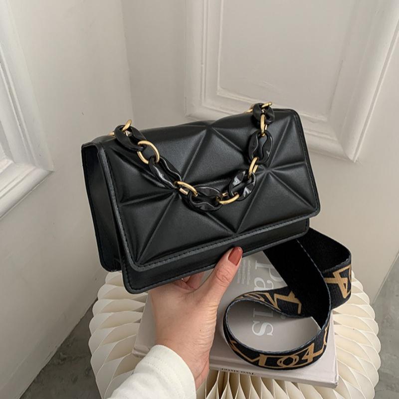 Chic Women Quilted Faux Leather Crossbody Bag, Gold Chain Adjustable Printed Wide Strap Shoulder Purse Casual Daily Handbag