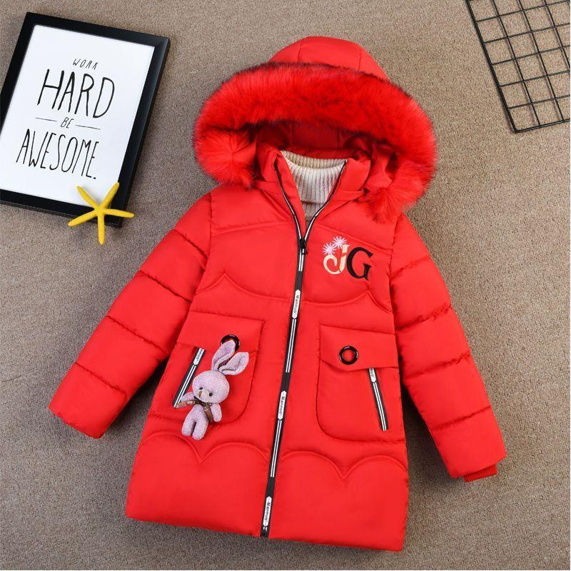 Girls' Winter Clothes Cotton Jacket with Thick Collar Down Cotton Jacket Long Length