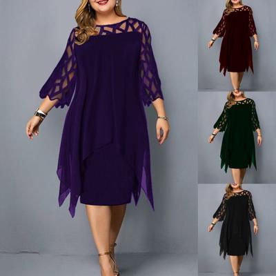 Damska elegancka sukienka Siatkowe przeszycia Obcisła talia 3/4 Flare Sleeve Nieregularna sukienka na imprezę
