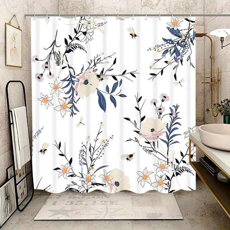 1 Elegant bee and flower shower curtain, machine washable, with vivid floral and butterfly pattern, perfect for modern bathroom