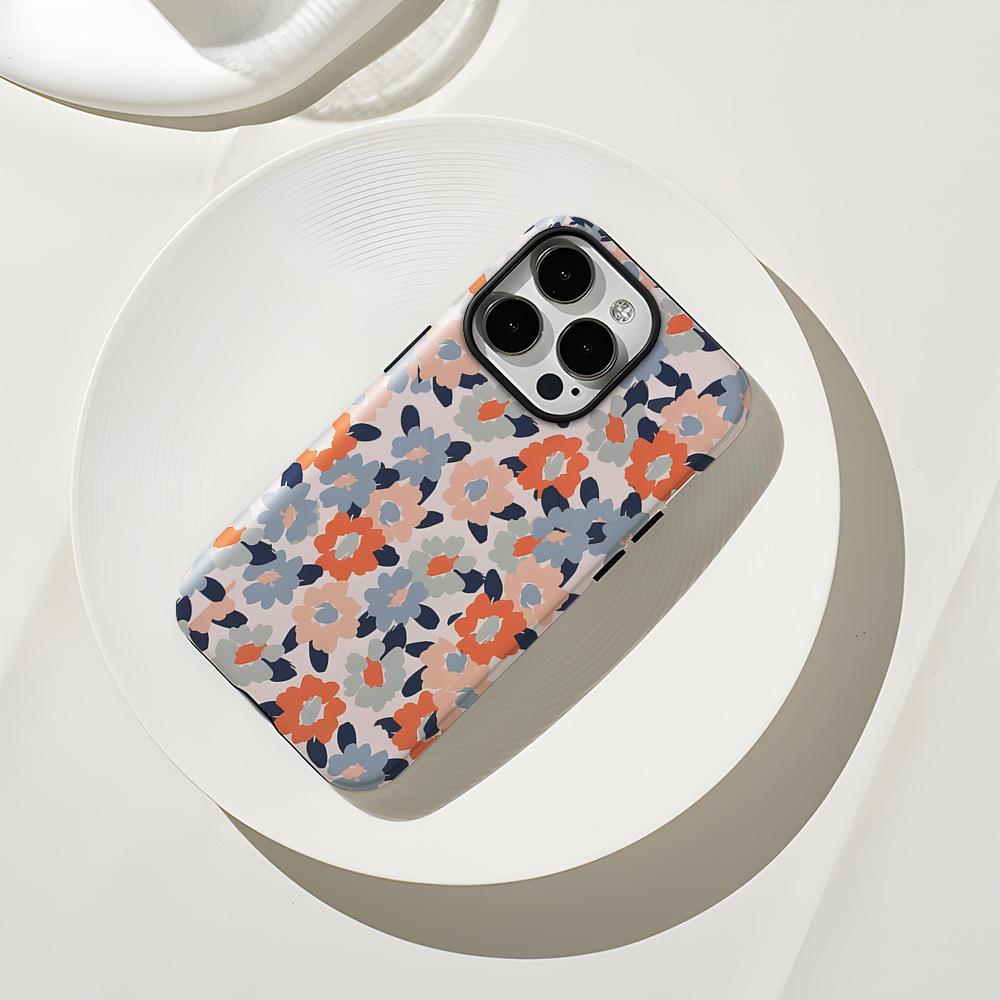 For iPhone 16 Pro Max Case Double Layer TPU + PC Heat Transfer Floral Design Glossy Phone Cover