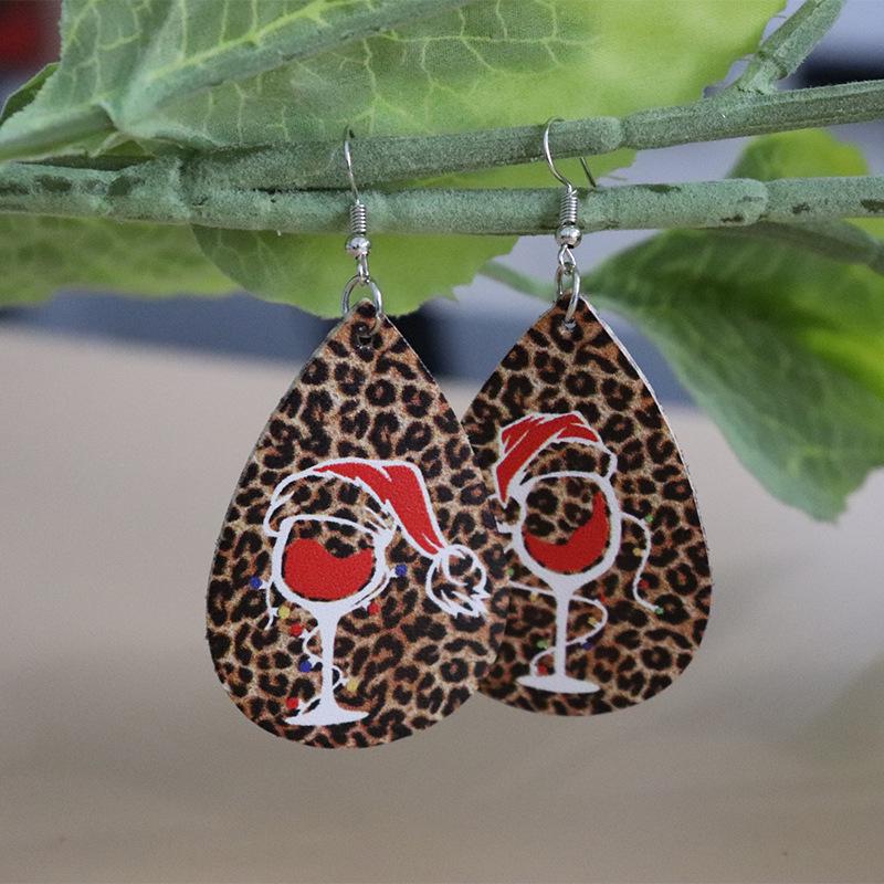 European & American Christmas Series Red Wine Glass Leopard Print Leather Earrings, Double-Sided Print