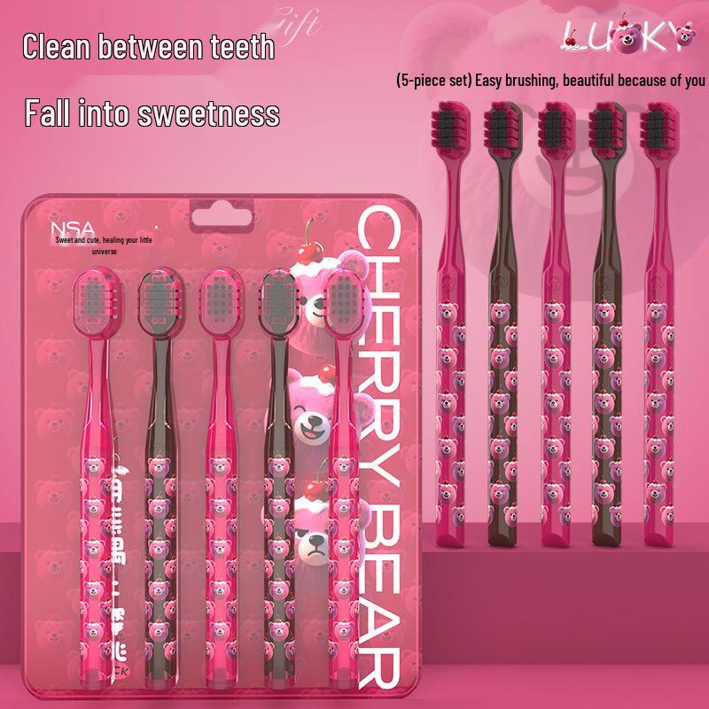 NSA Cherry Bear Luxury Toothbrush Set: 5 Soft Bristle Brushes for Adults, Cute Design for Couples