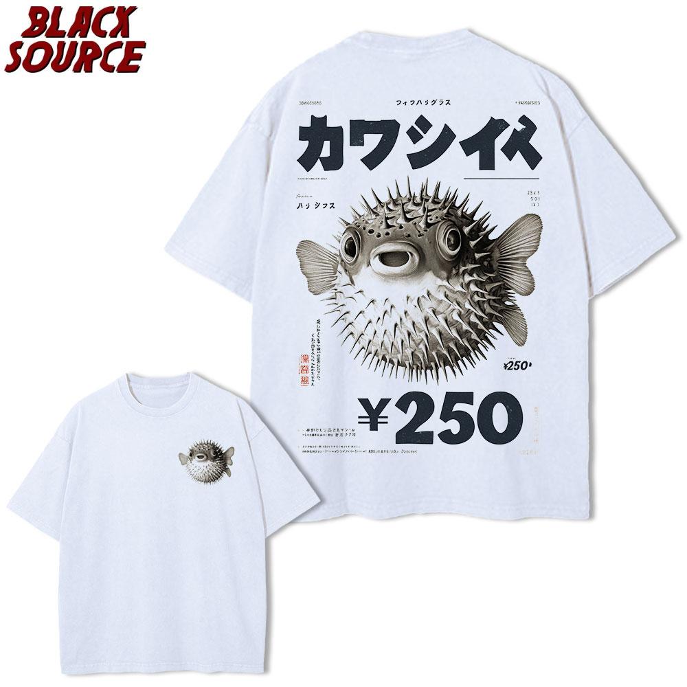 T155 Vintage Fugu Puffer Fish Ramen T-Shirts Men Women Clothing Summer 100% Cotton Tee Shirt Fashion Crewneck Short Sleeve