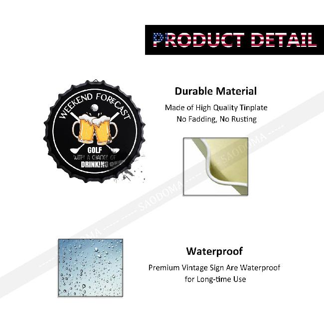 

Funny Golf Sayings Signs - Weekend Forecast Golf With a Chance of Beer - Golfing Gifts - 14 Inch Decorative Bottle Caps Metal Tin Signs - Rustic