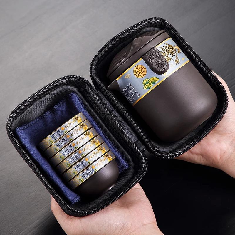 Zisha High-End Travel Tea Set Portable One Pot Six Cups Special Outdoor Camping Kung Fu Tea Brewing Tea Cups