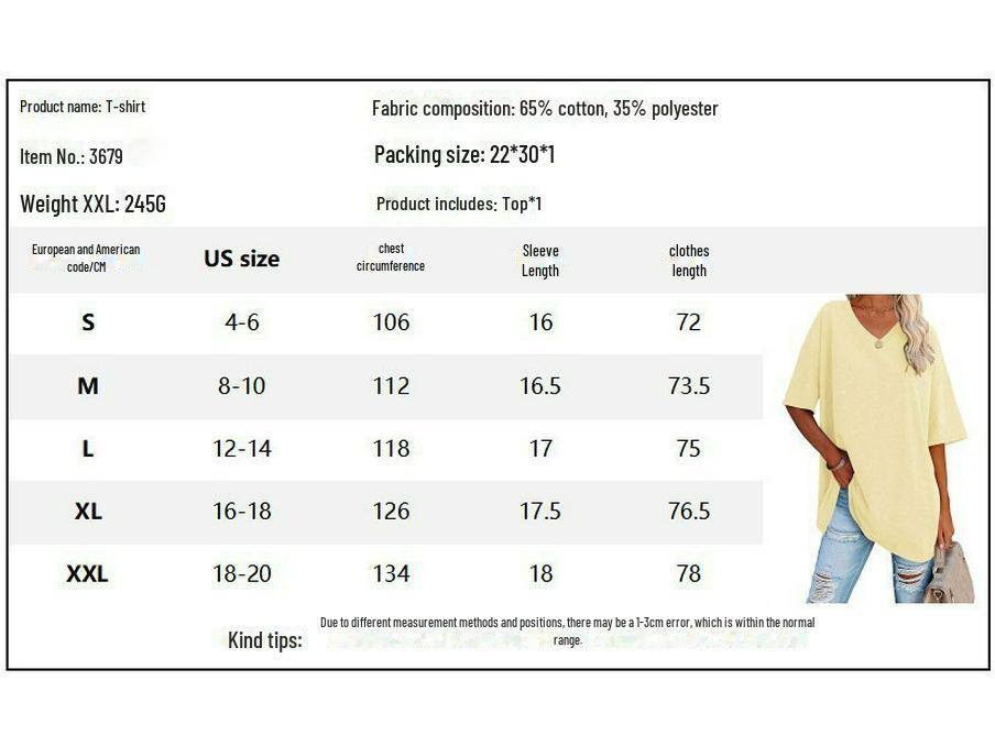 European and American Women's Summer V-Neck Loose Cotton Top – Solid Color, Short-Sleeve
