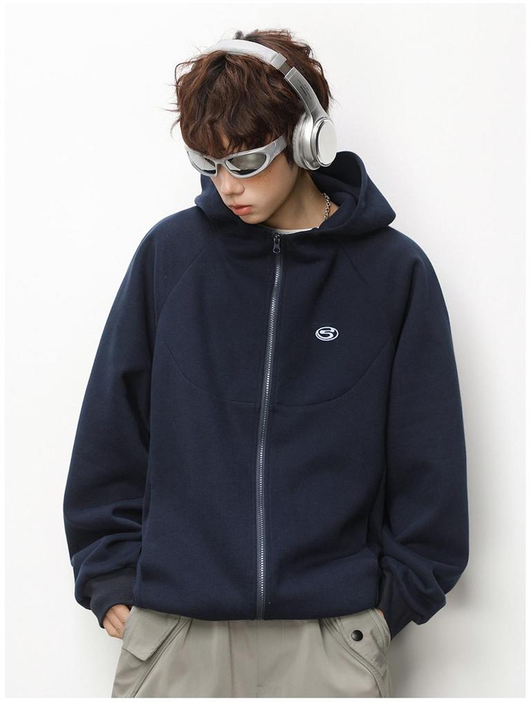 Men's Heavyweight Retro Color Block Embroidered Cardigan Hoodie Jacket