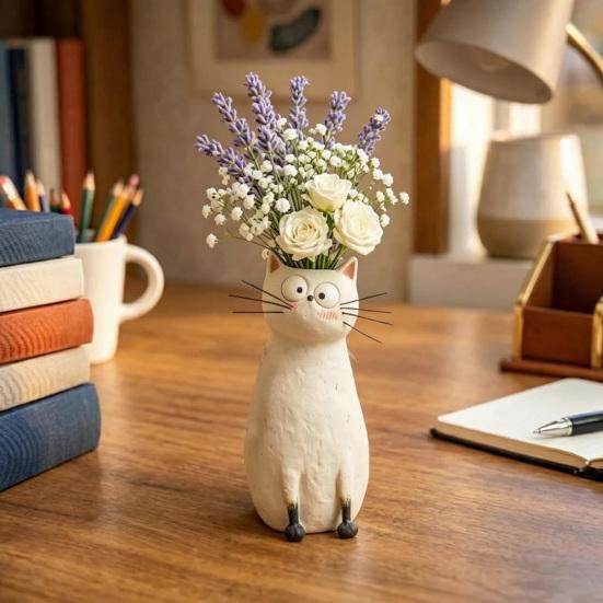 Quirky Cat Vase Handcrafted Resin Cat Flower Vase Funny Kitty Planter for Desk Shelf Boho Home Decor Gift for Cats Lovers