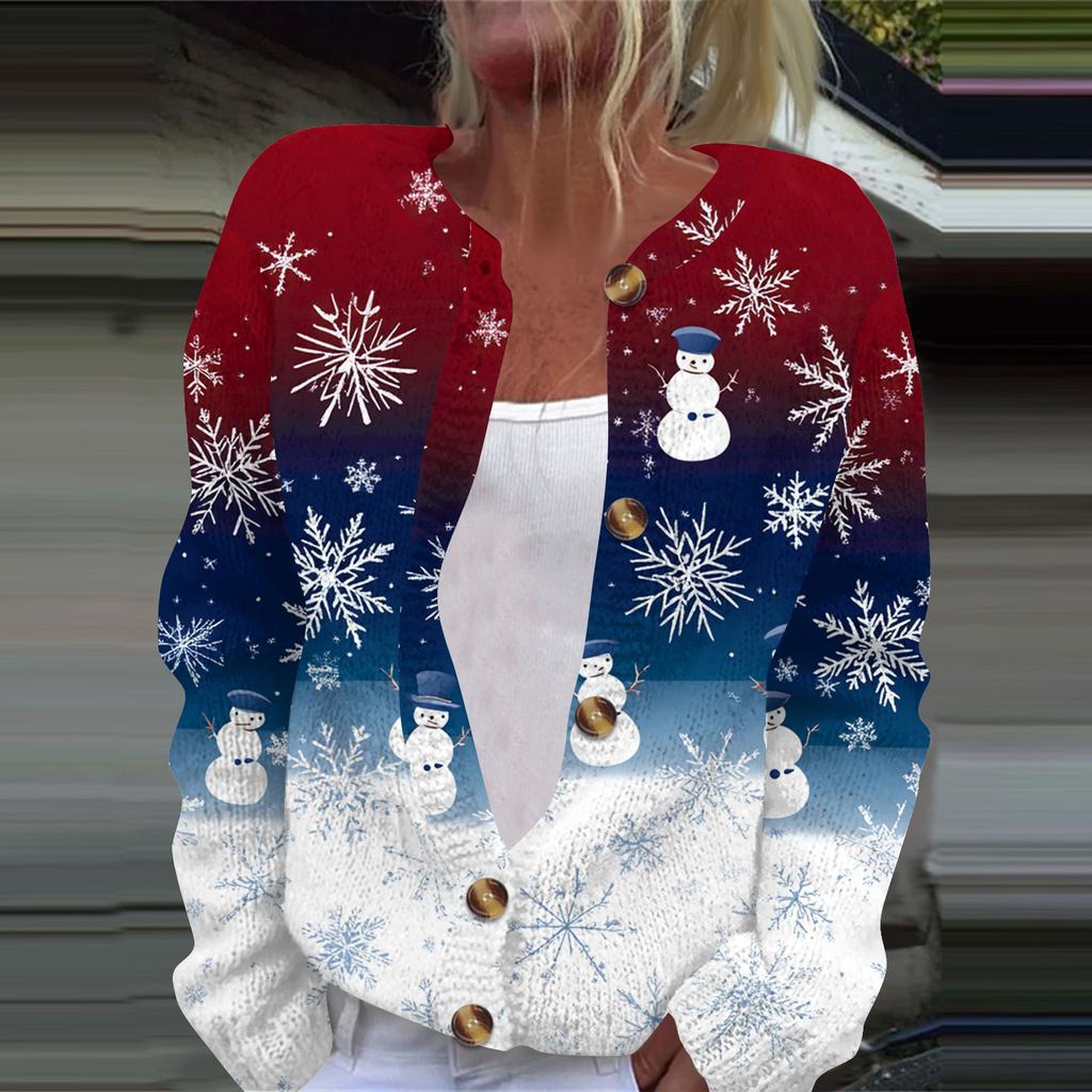 Women's Fashion Christmas Printed Long Sleeve Knitted Cardigan Button Down Jacket